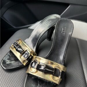 Vintage Gucci Black and Gold Heeled Sandals